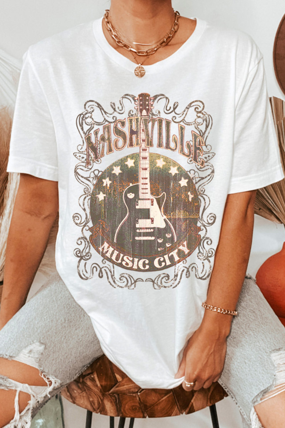 White Vintage Nashville GUITAR Graphic Crew Neck T Shirt