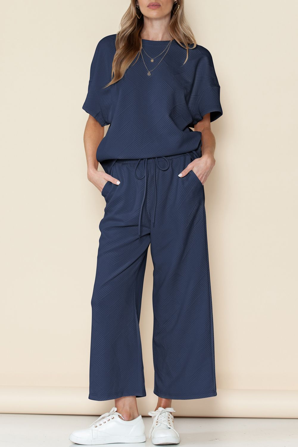 Shewin Wholesale Apparel Navy Blue Textured Loose Fit T SHIRT and Drawstring Pants Set