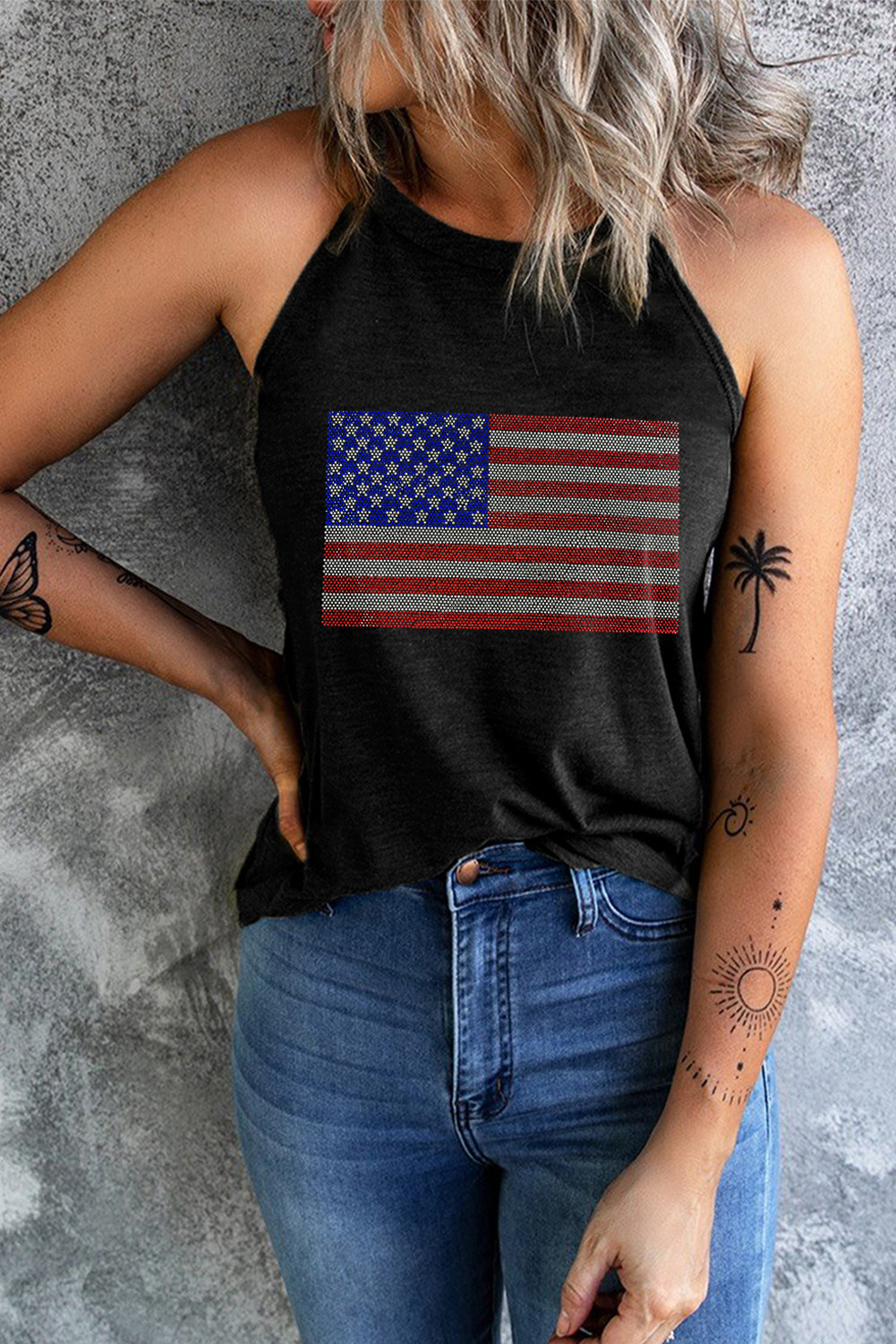 Black American Flag Star & Stripe Graphic Halter Tank Top