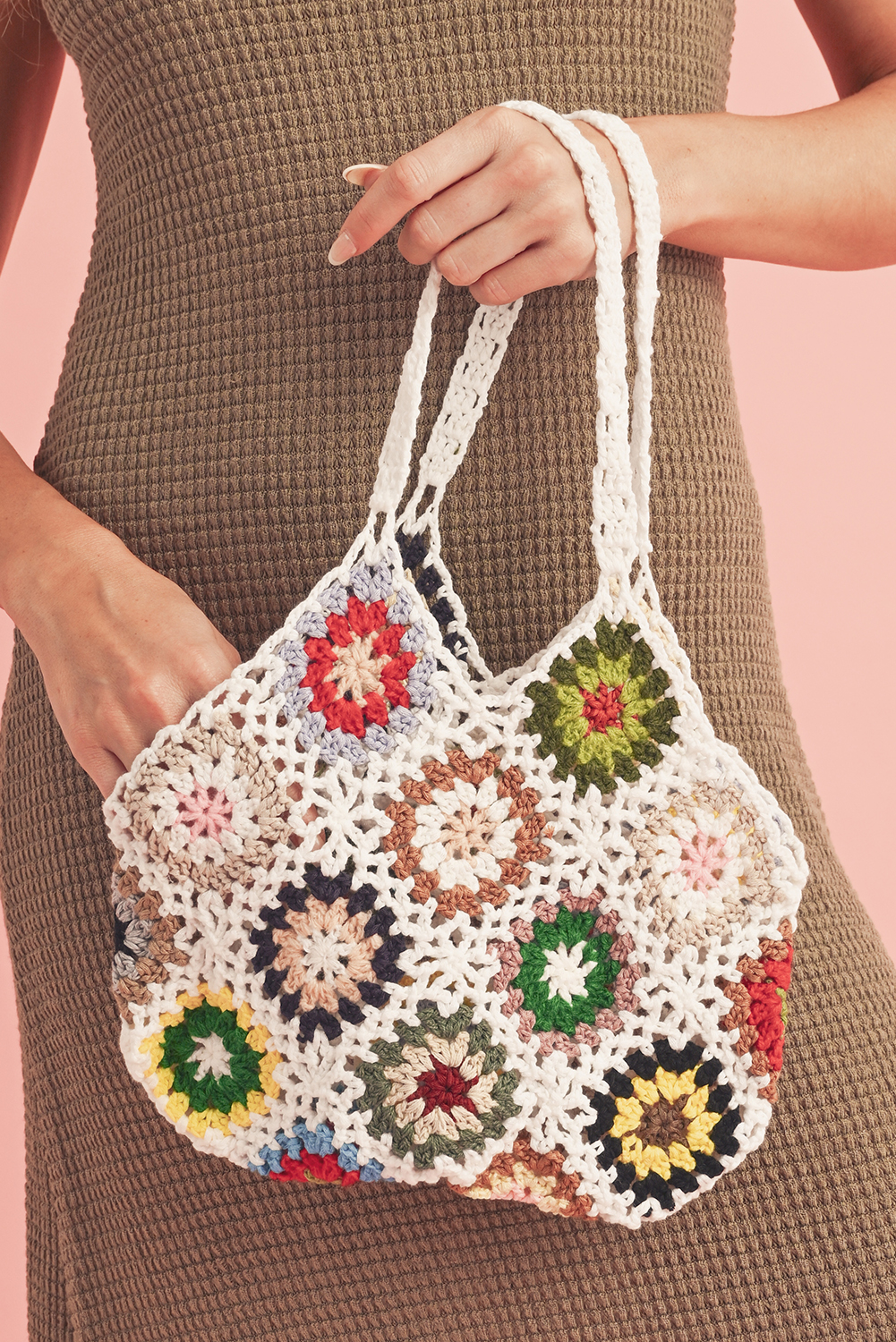 Shewin Wholesale Fashion White Boho Floral Crochet Retro Hollowed Tote BAG
