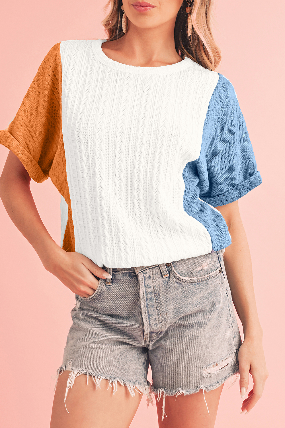 Shewin Wholesale NEW arrival Light Blue Color Block Textured Loose Fit T Shirt