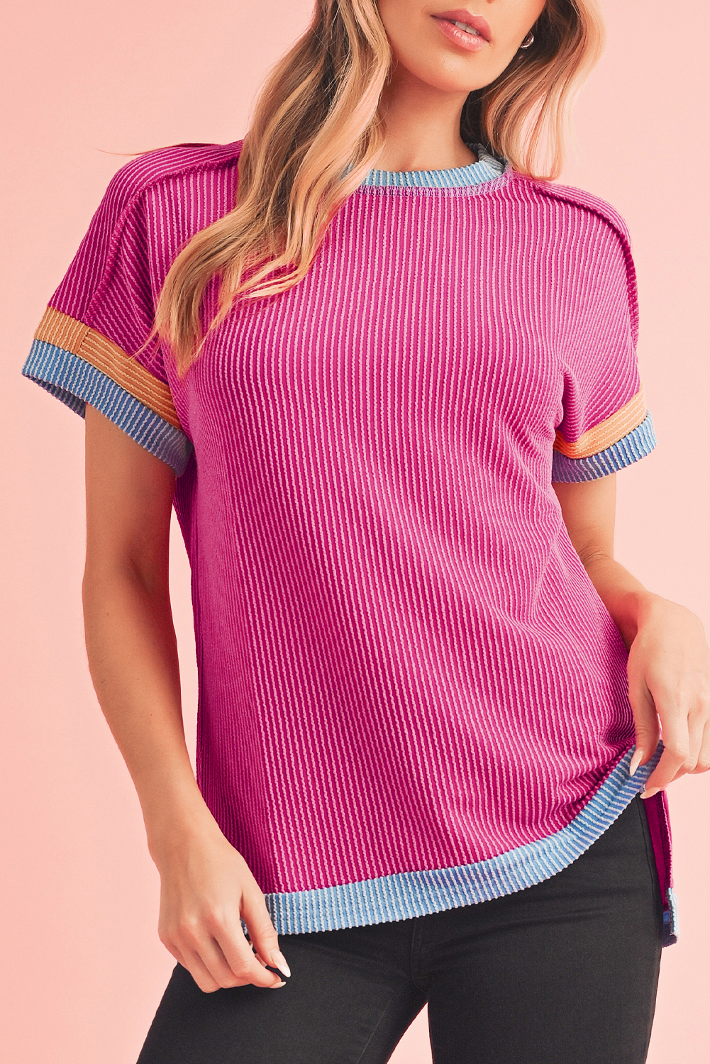 Shewin Wholesale Dropshipping Bright Pink Textured Contrast Color Round Neck T SHIRT