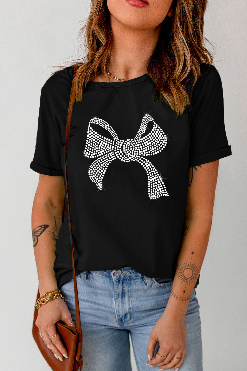 Black Rhinestone Bow Knot Graphic Crew Neck Tee