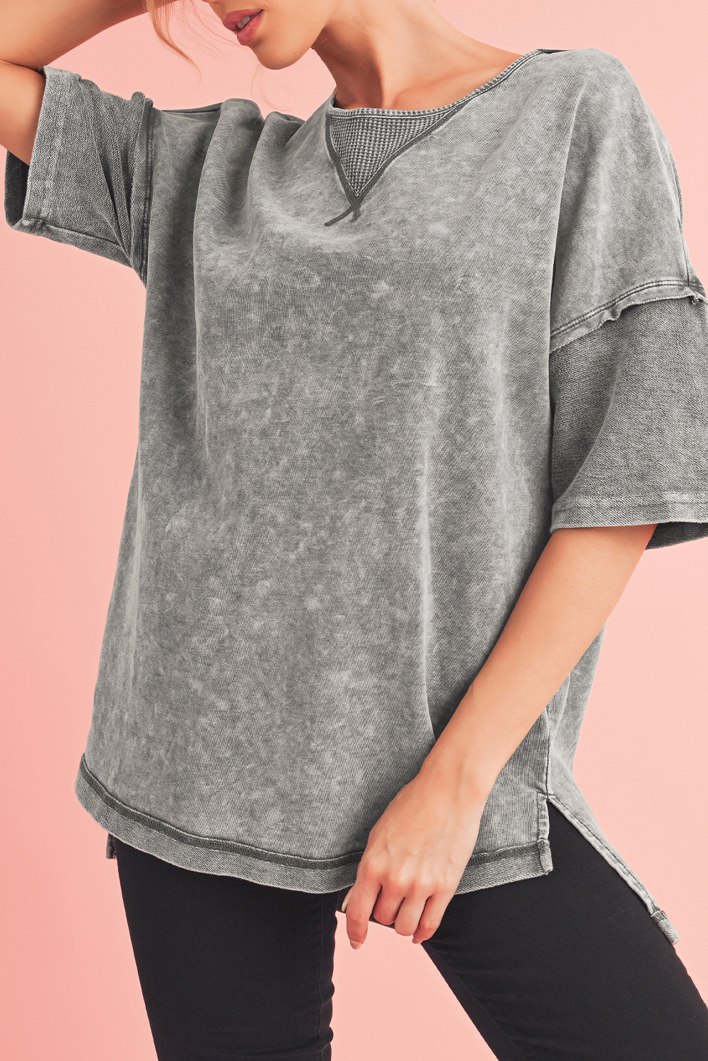 Shewin Wholesale Dropshippers Gray Mineral Wash Exposed Seam Drop Shoulder Oversized Tee