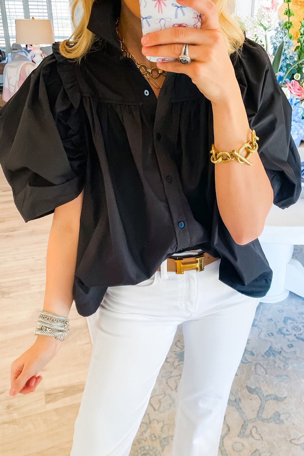 Shewin Dropshippers BLACK Ruched Puff Sleeve Loose Buttoned Up Blouse