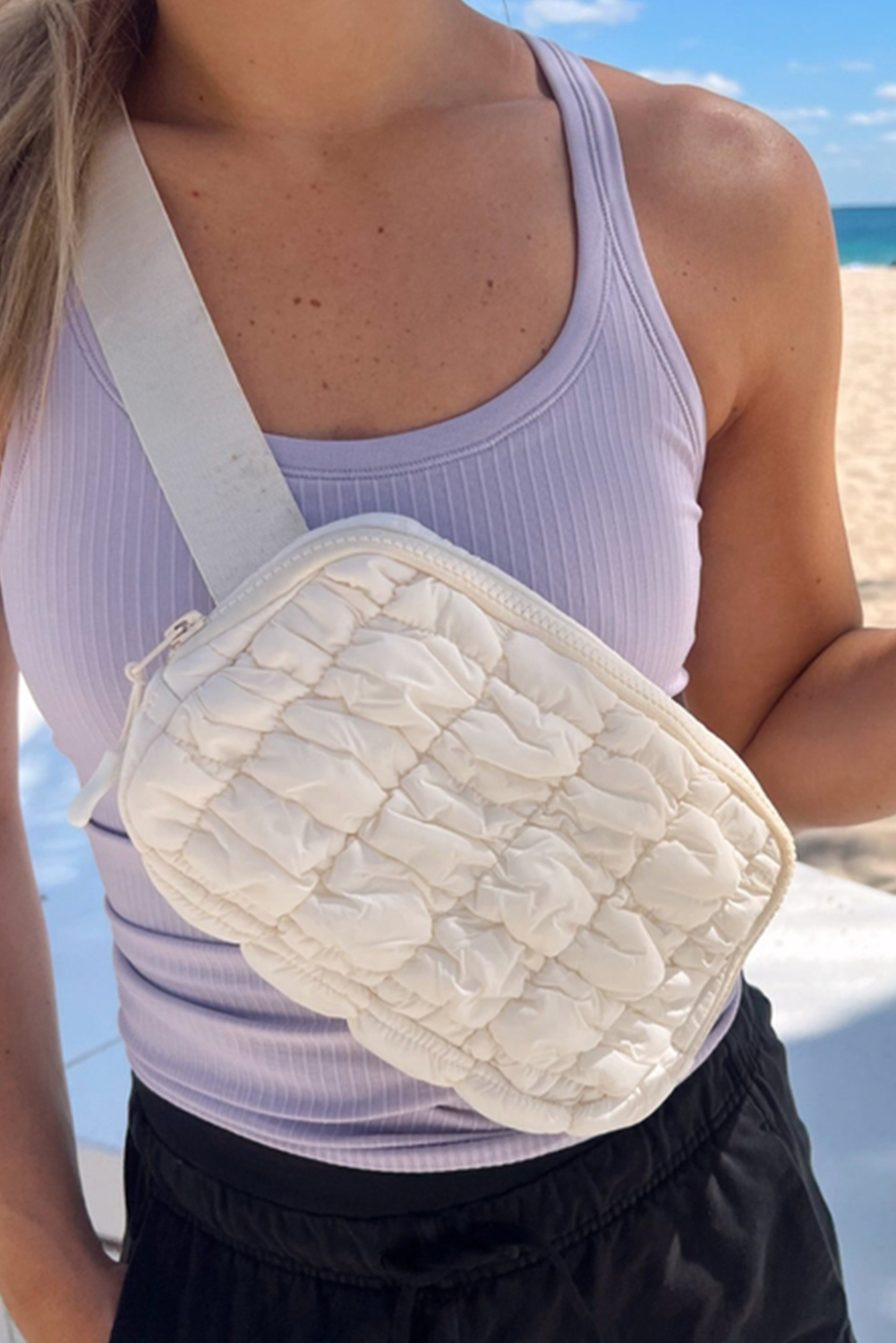 White Quilted Puffer Belt Zipper Crossbody BAGS