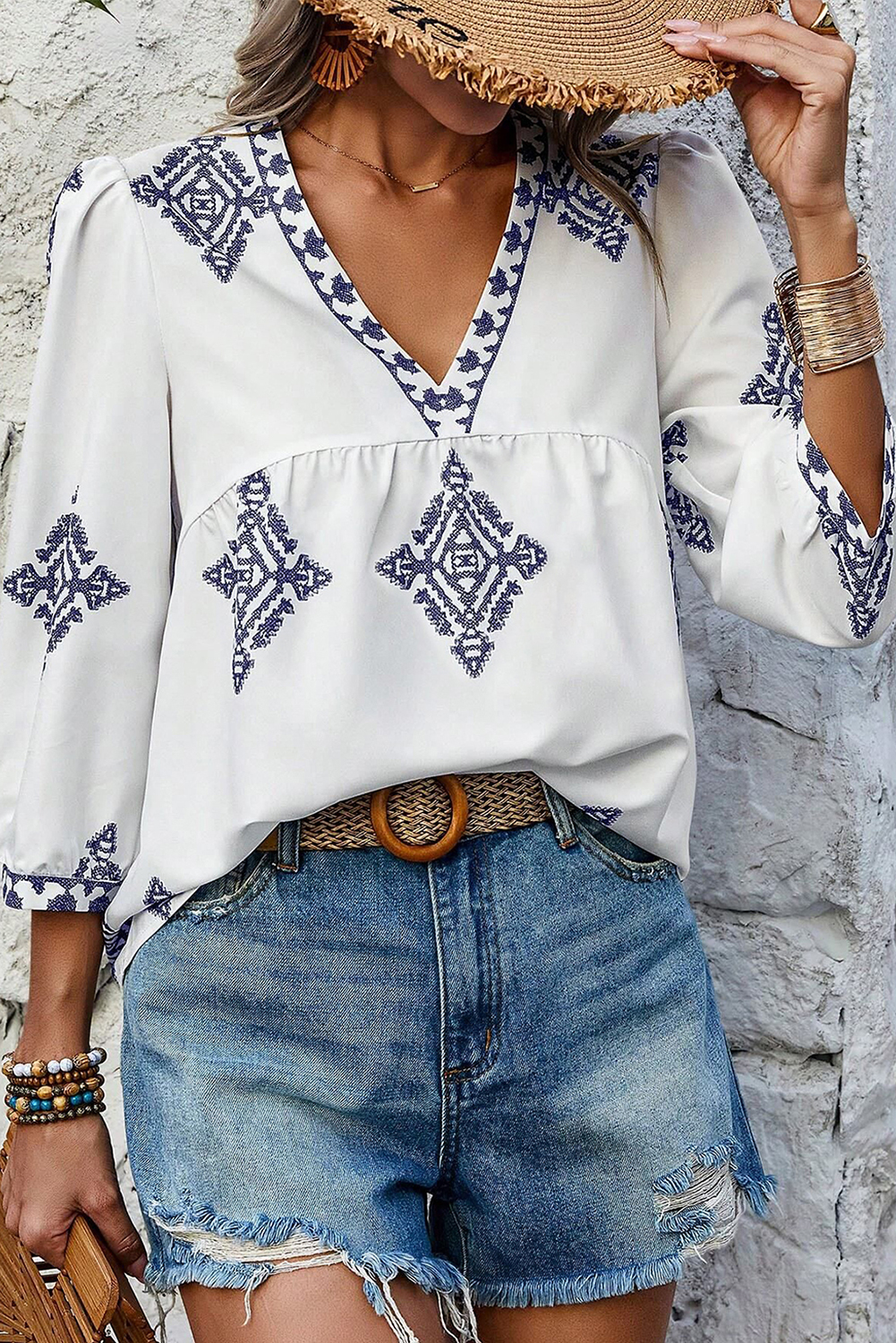 Shewin Wholesale CLOTHING White Boho Geometric Print Bracelet Sleeve V Neck Blouse