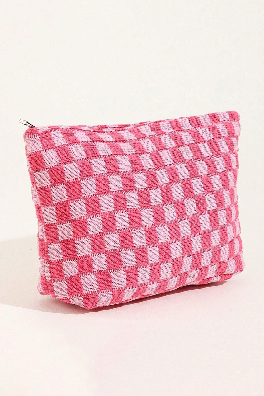 Bright Pink Checkered Print COSMETIC Bag