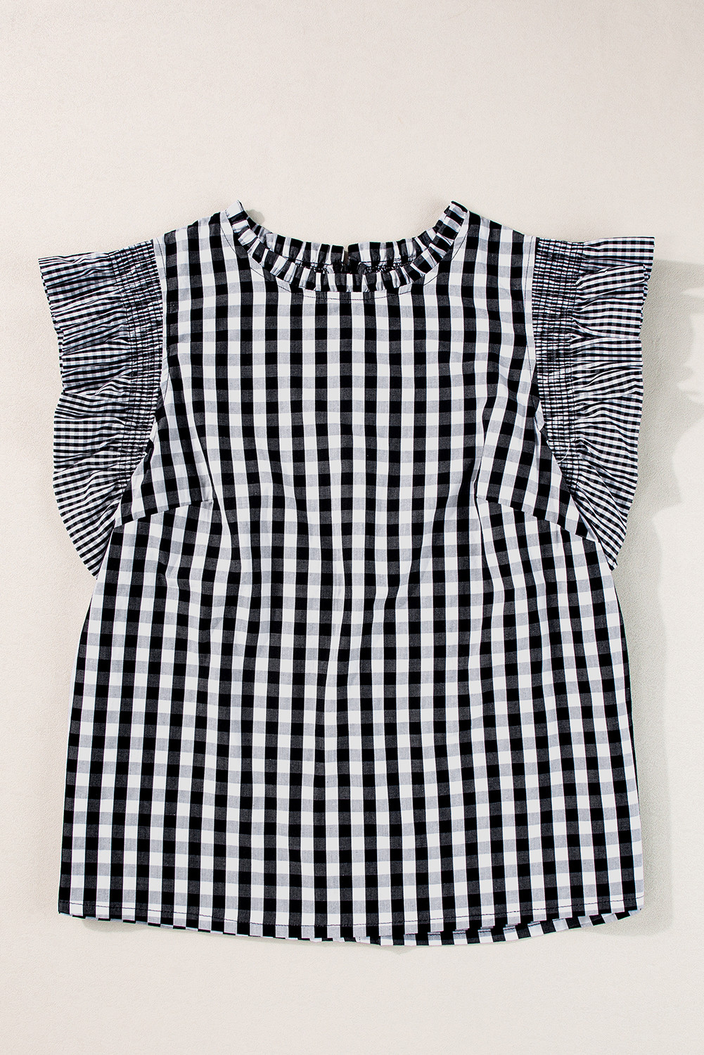 Black Checkered Ruffled Trim Frilled Neck Blouse