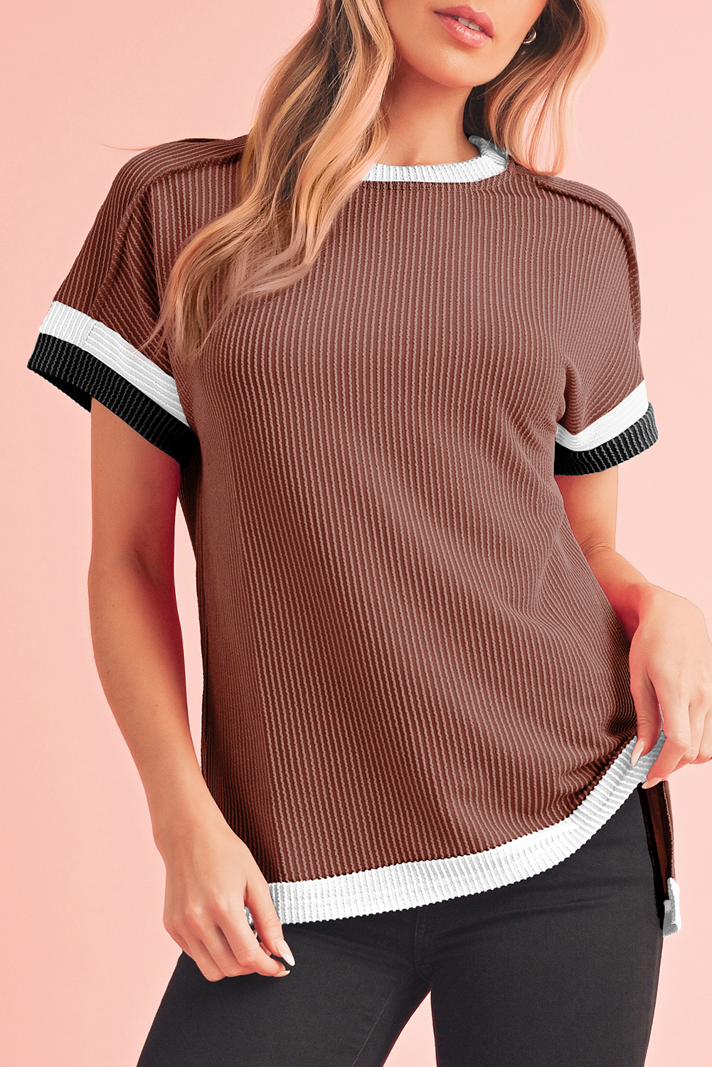 COFFEE Ribbed Colorblock Round Neck T Shirt