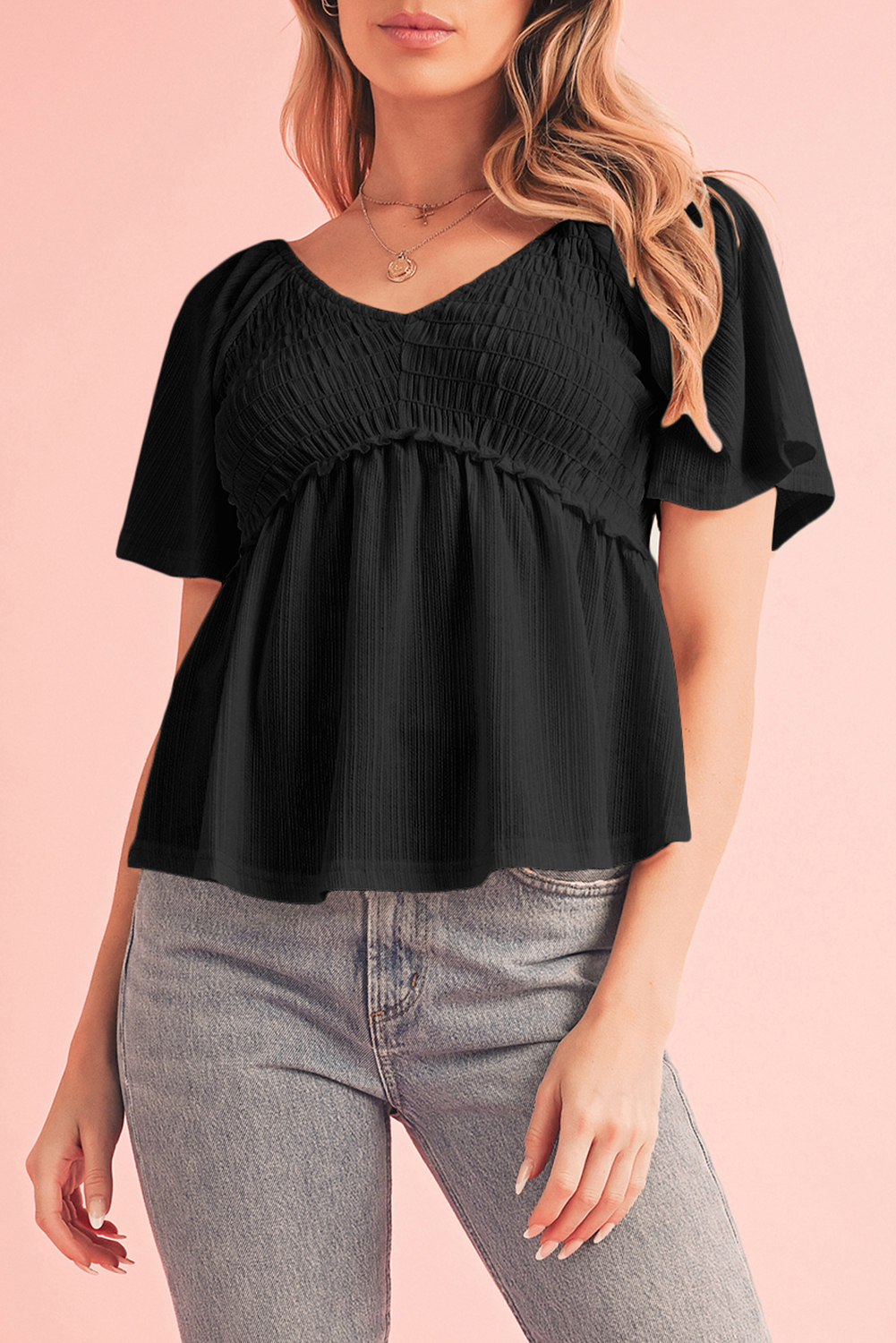 Shewin Wholesale CLOTHING Black Shirred V Neck Short Flutter Sleeve Textured Blouse