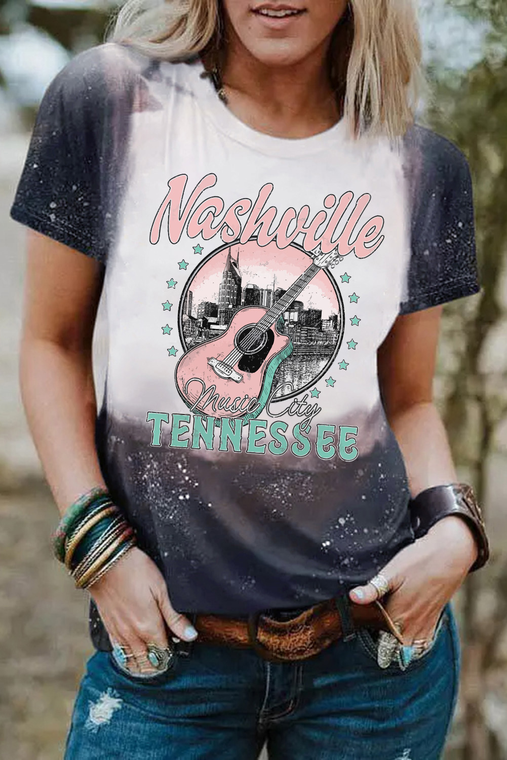 Black Bleached Nashville MUSIC City Graphic T Shirt