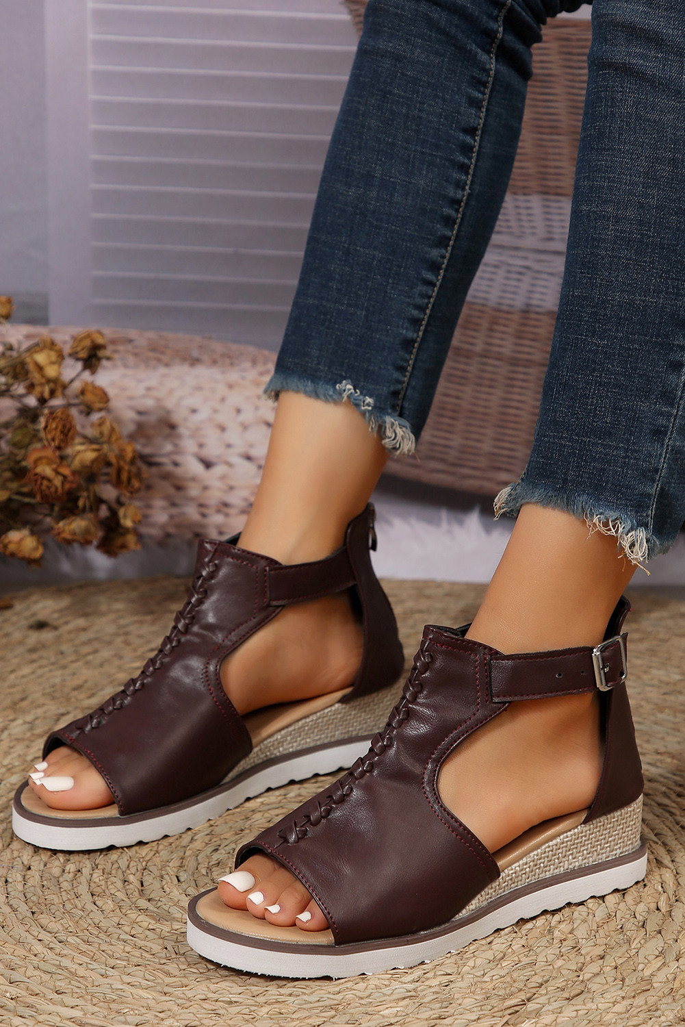 Khaki Cutout Buckle Strap Platform Sandals