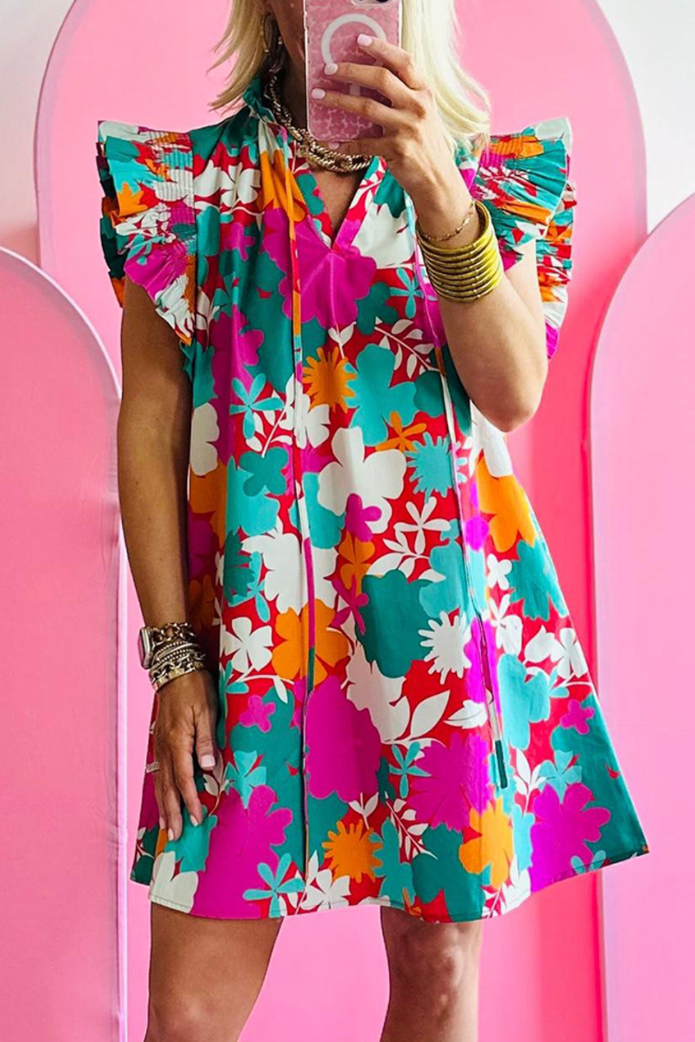 Shewin Wholesale Suppliers Multicolour Floral TIE Split Neck Flutter Sleeve Mini Dress