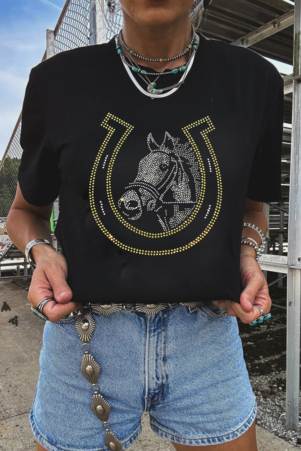 Black Rhinestone HORSE & HORSEshoe Graphic T Shirt