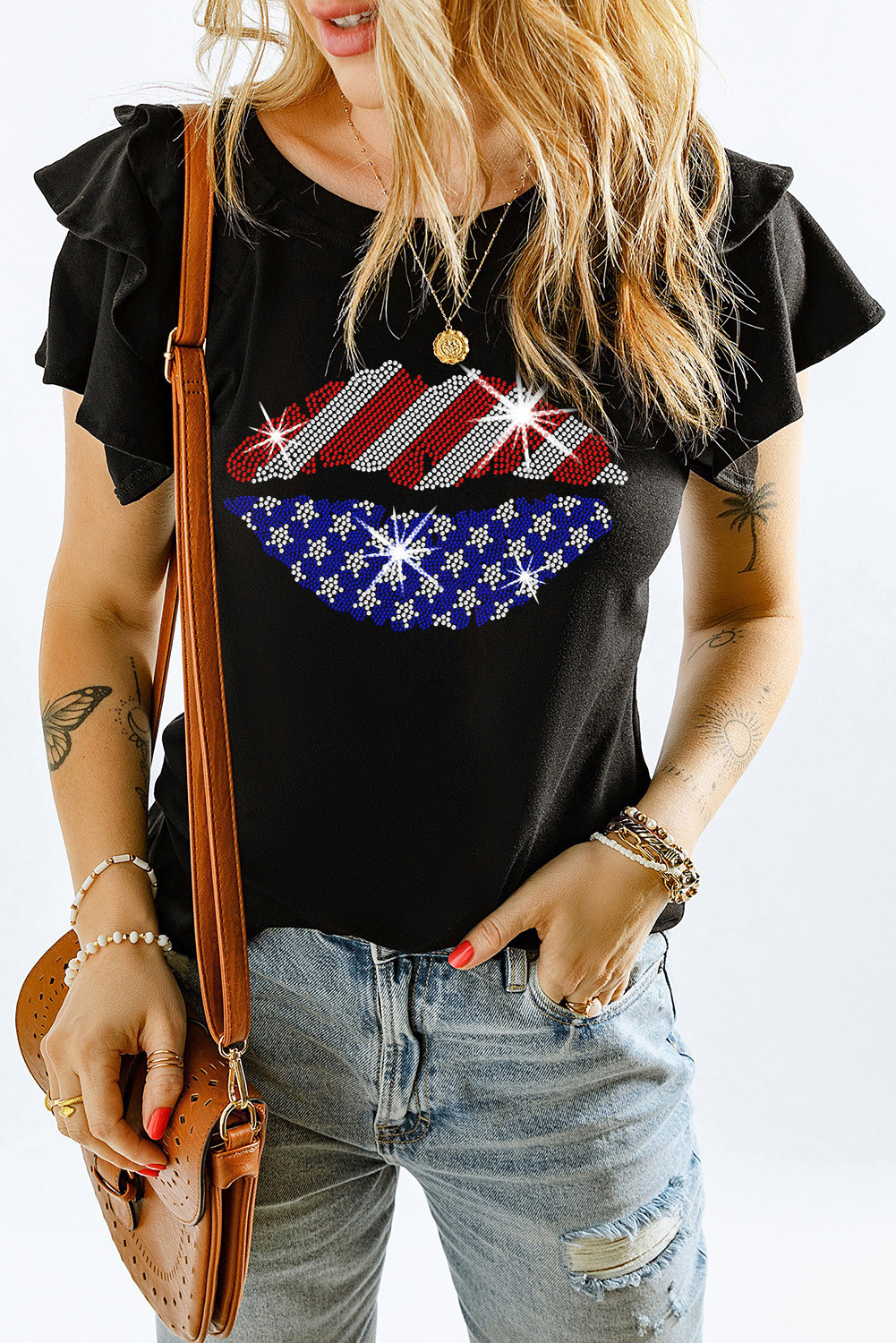 Black Rhinestone American Flag Lip Shape Graphic Tiered Ruffle Sleeve Tee