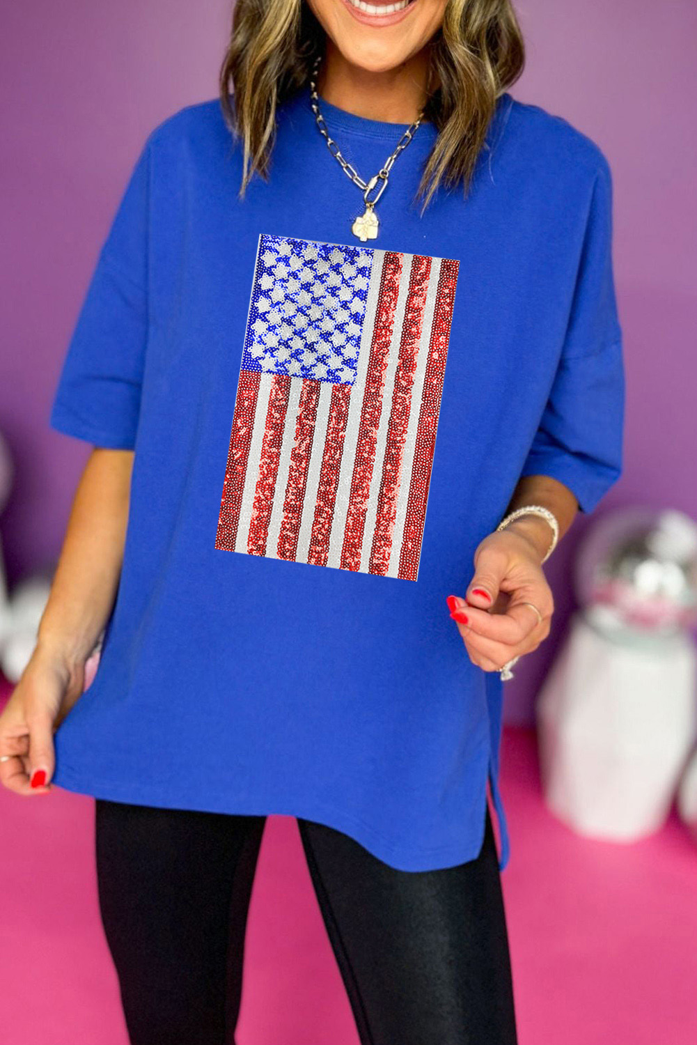 Dark Blue Sequins American FLAG Graphic Split T Shirt