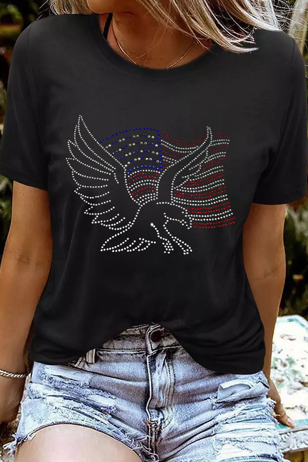 Black Rhinestone AMERICAN Flag EAGLE Graphic Crewneck T Shirt