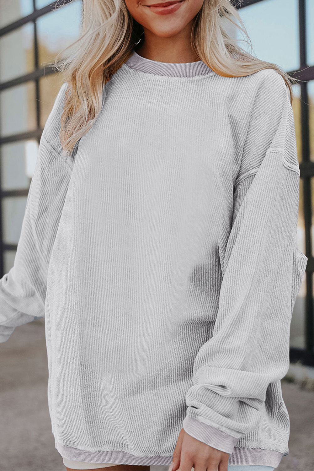 Shewin Dropship Light Grey Drop SHOULDER Crinkle Rib Oversized Sweatshirt