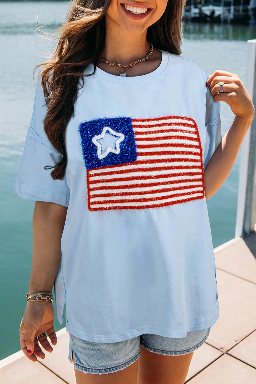 Beau Blue Tinsel American FLAG Patched Oversized T Shirt