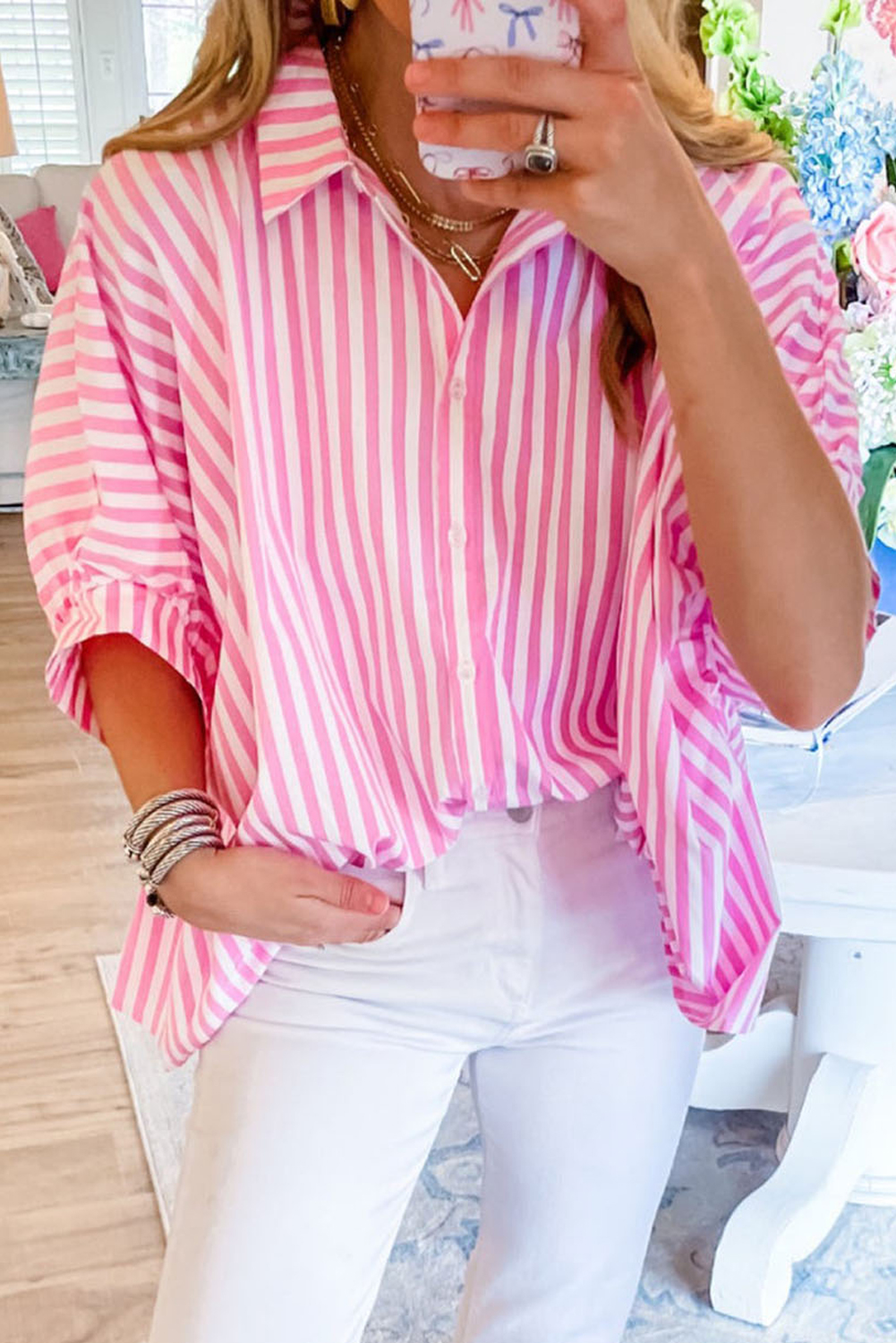 Shewin Wholesale Dropship Pink Stripe Button Up Dolman SHIRT