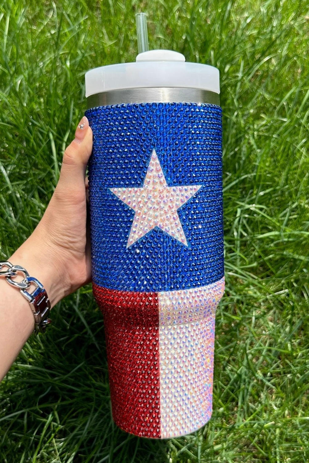 Dark Blue American Flag Star Full Rhinestone HANDLE Tumbler 40oz