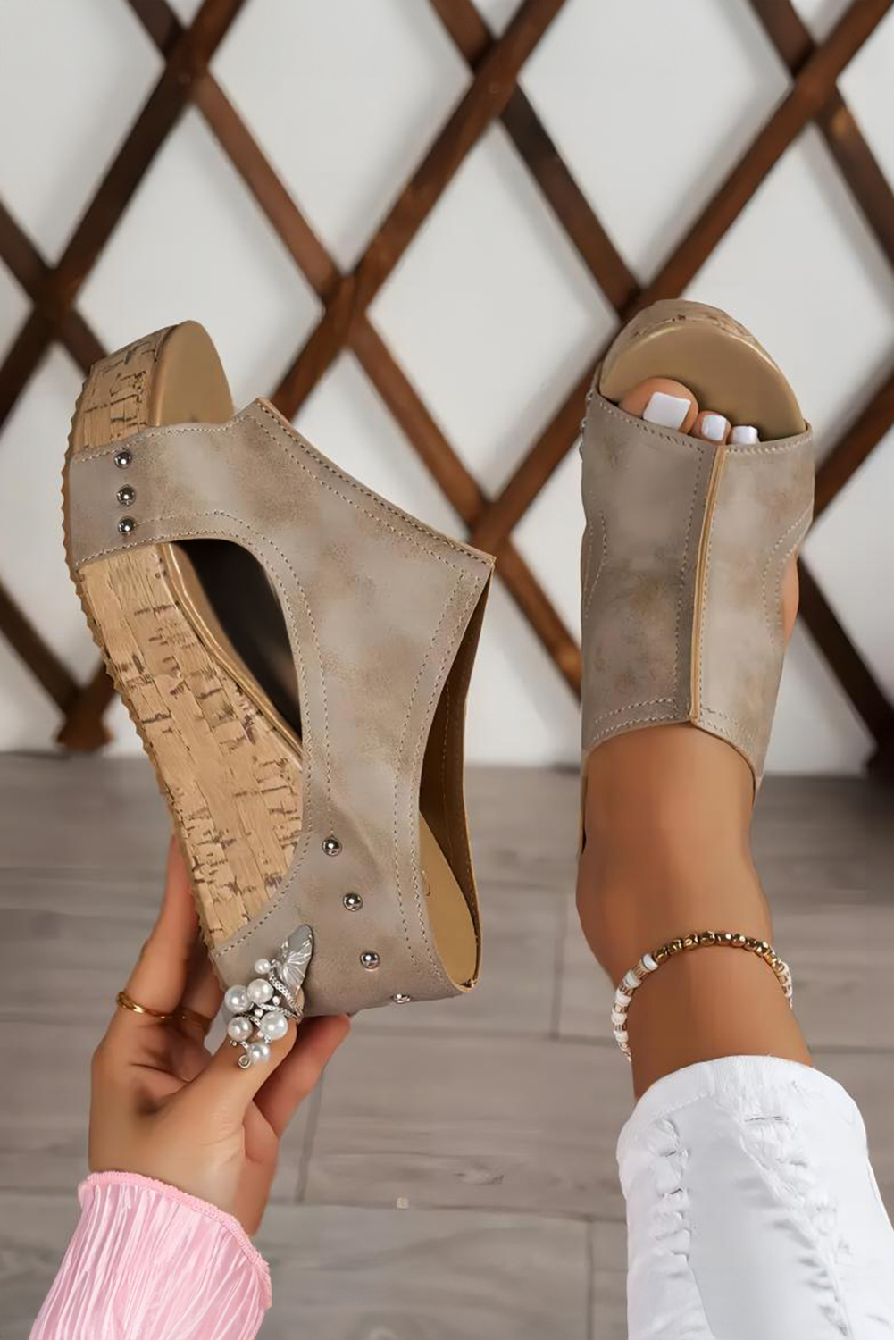 Gray Hollow Out Studded PU Leather Wedge Slides SHOES