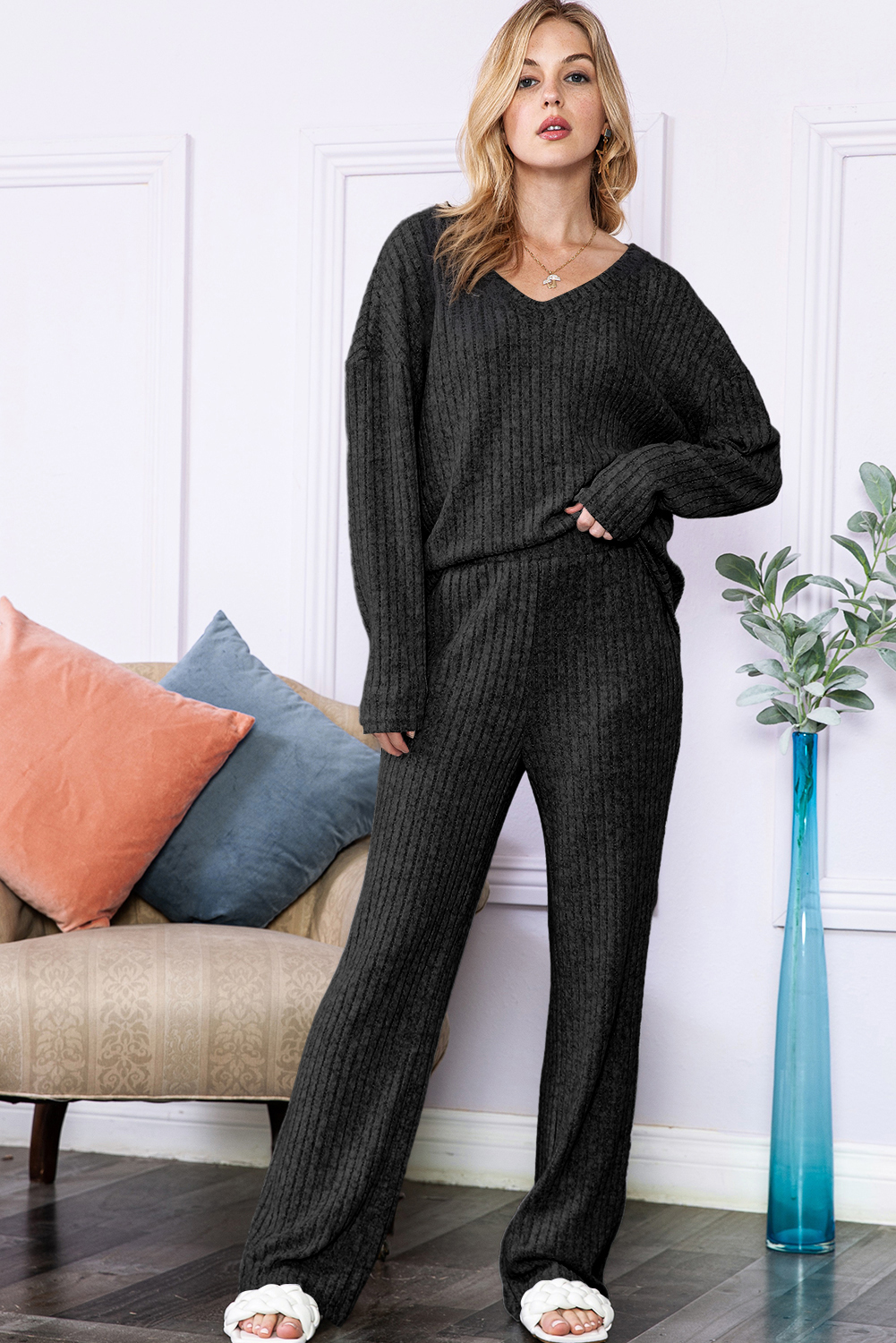 Black Slouchy Ribbed Knit V Neck Top & PANTS Loungewear Set