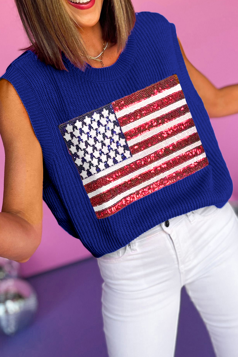 Shewin Wholesale Southern Bluing Sequin American FLAG Knit Top