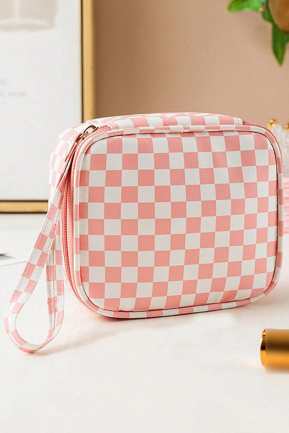 Light Pink Checkered Pattern Small Cosmetic BAG