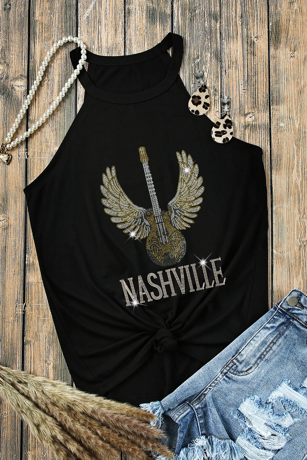 Black Rhinestone GUITAR NASHVILLE Graphic Tank Top