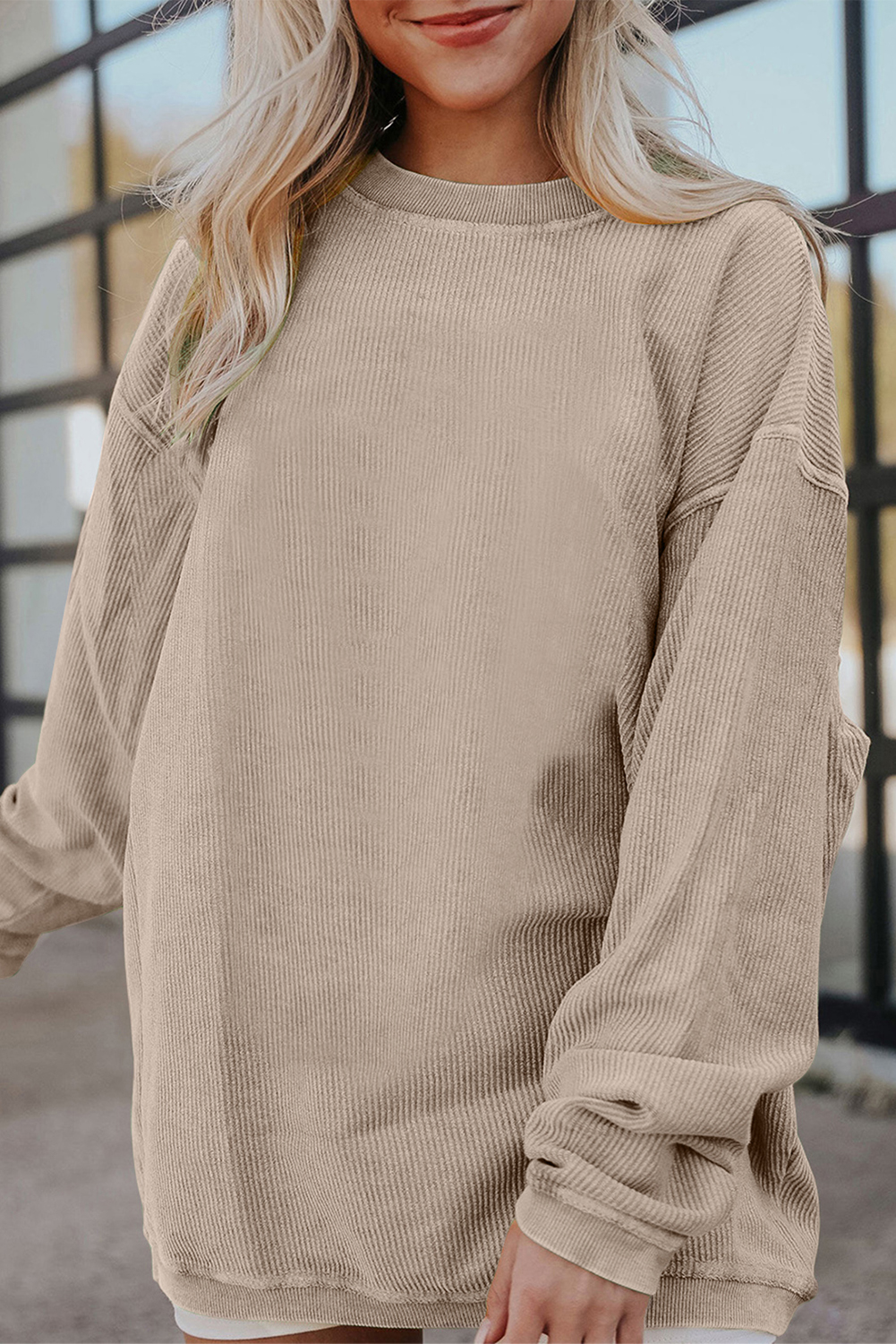 Smoke Gray Plain Drop Sleeve CRINKLE Rib Oversized Sweatshirt