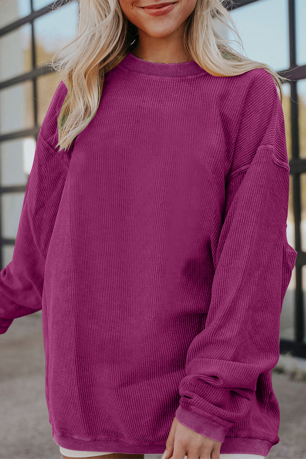 Shewin Wholesale 2024 Hot Festival Fuchsia Plain Drop Sleeve CRINKLE Rib Oversized Sweatshirt