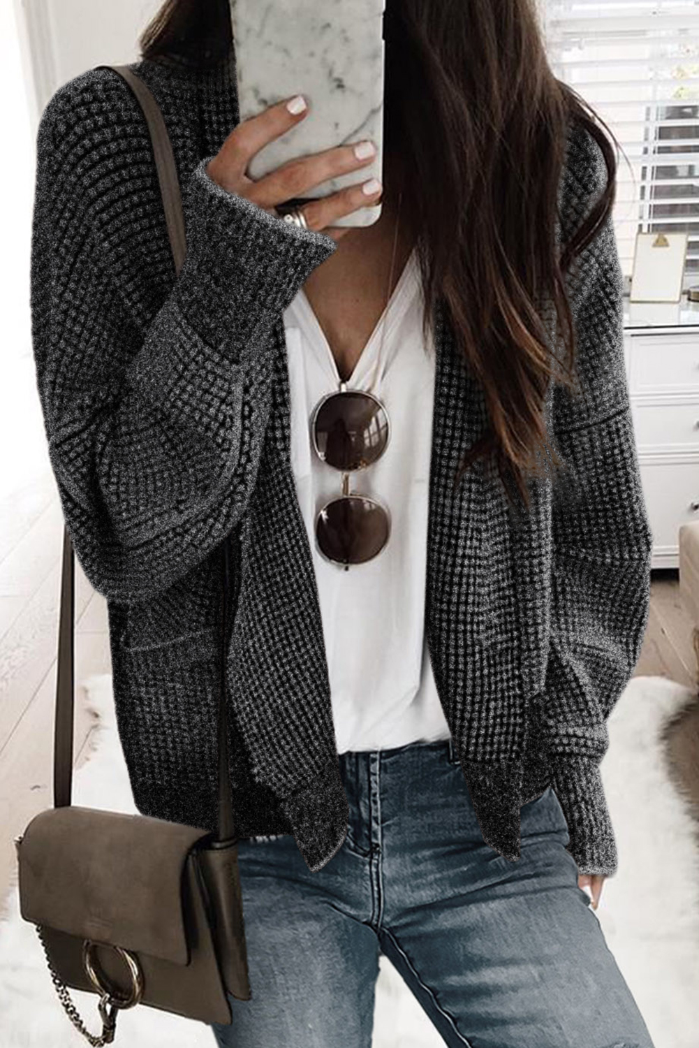 Black Chunky Knit POCKETS Drop Sleeve Cardigan