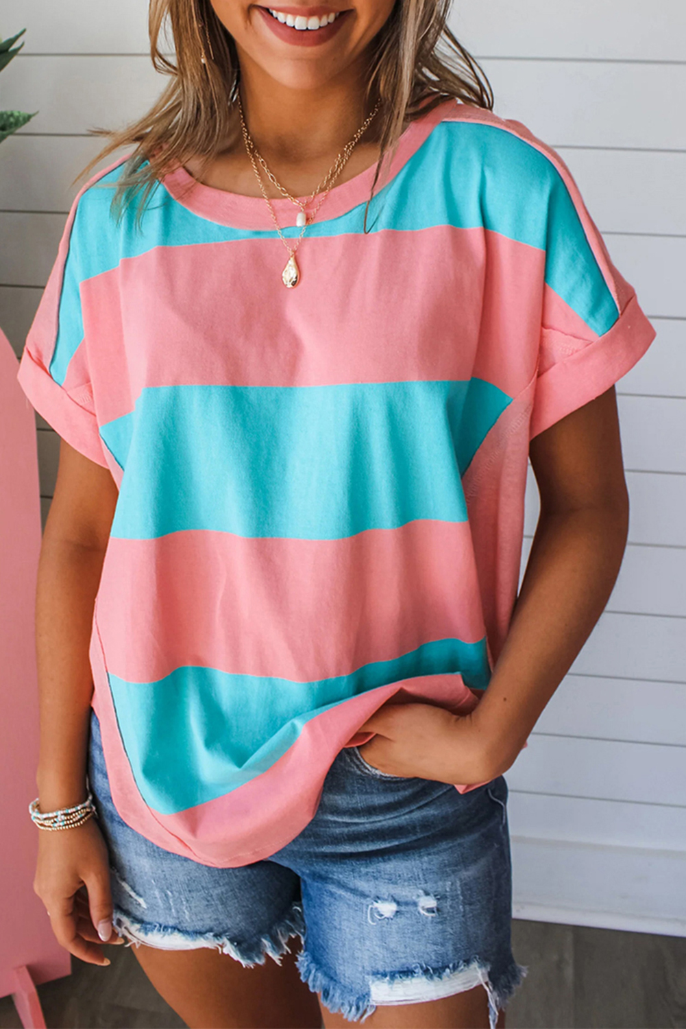 Shewin Wholesale Dropshippers Rose & Blue Colorblock Exposed Seam Tee