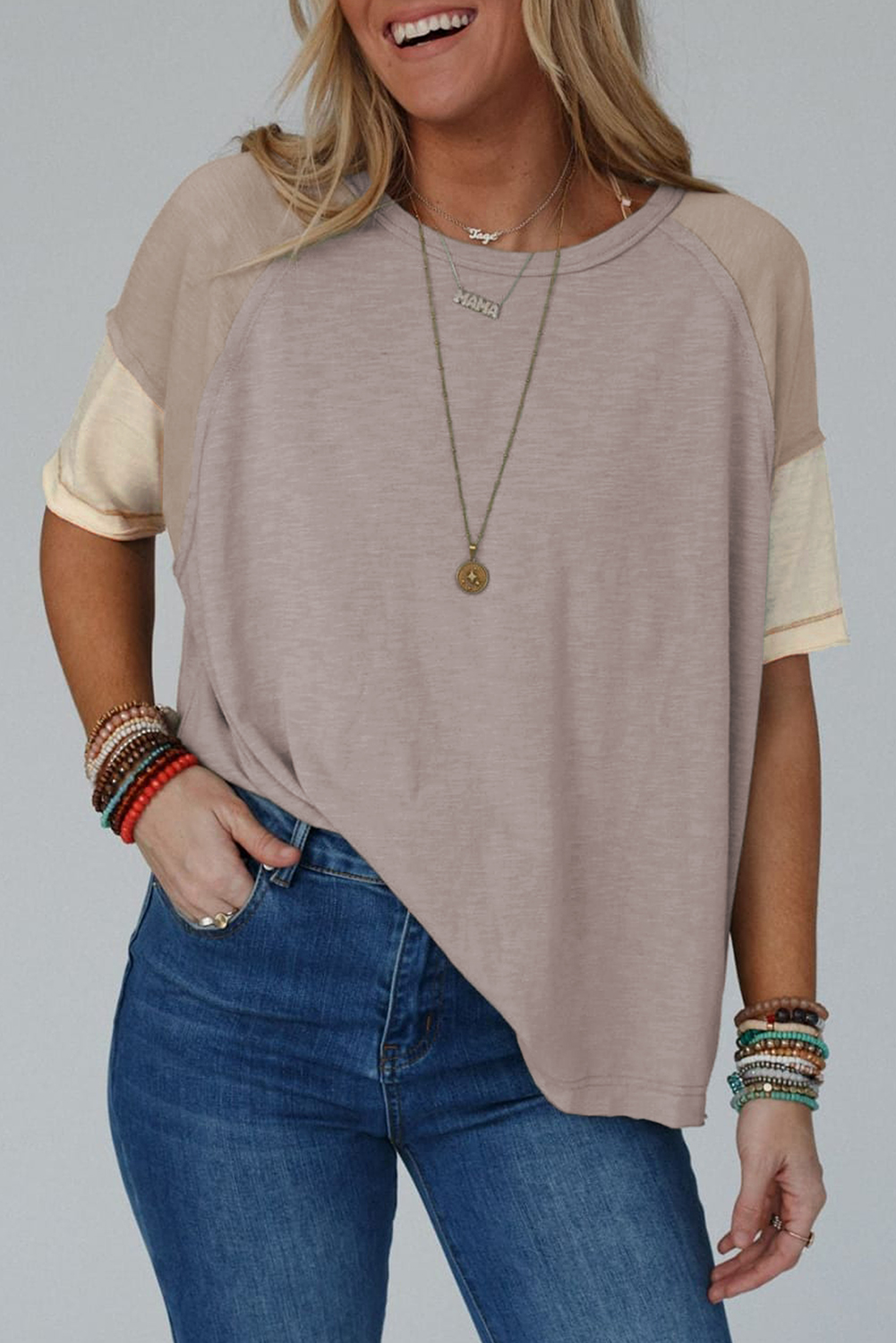 Shewin Wholesale Vendors Simply Taupe Exposed Seam Patchwork Loose Tee