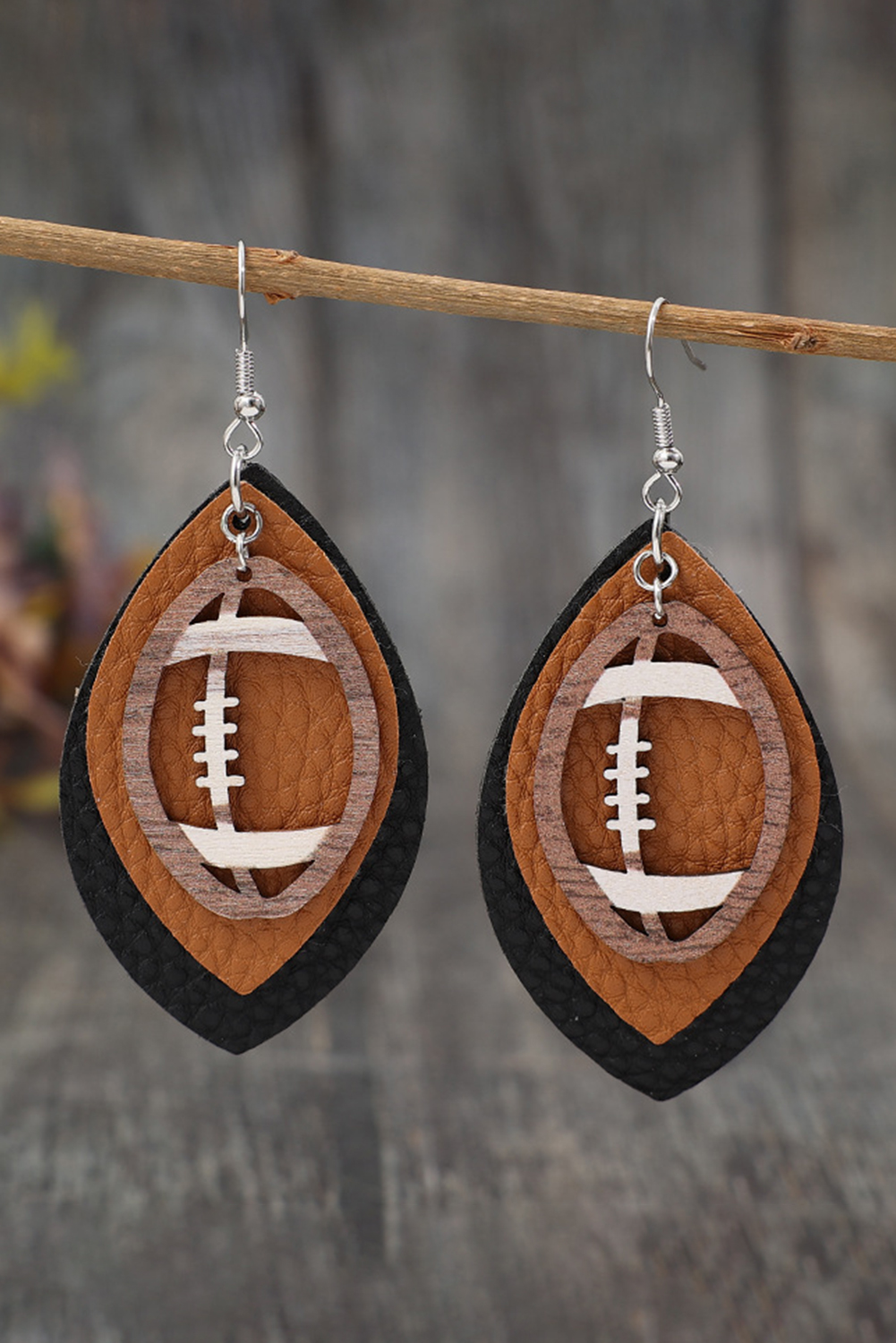 Shewin Wholesale Custom Logo Chestnut Rugby Shape PU Leather Drop EARRINGS