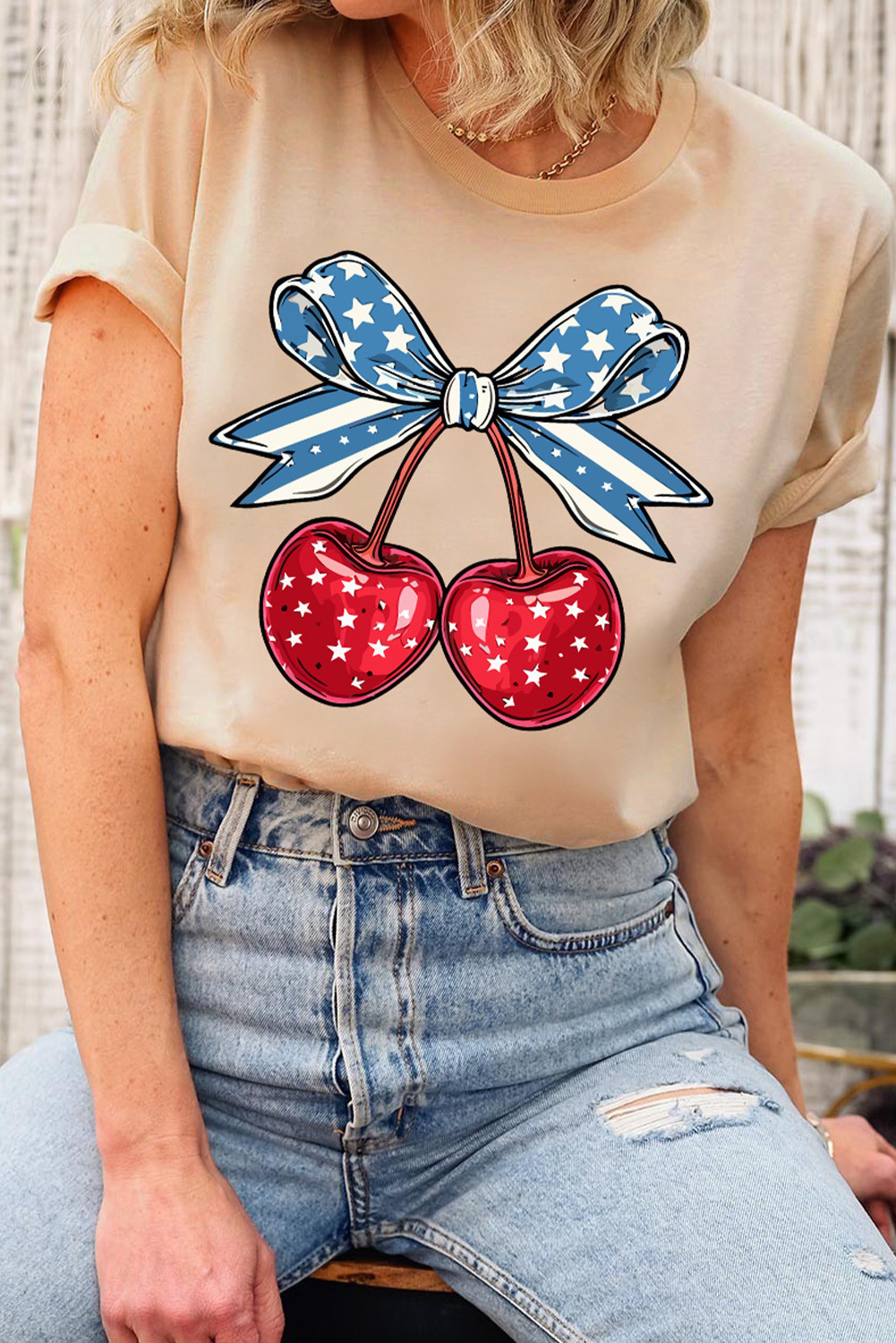 Khaki American Flag Bowknot Cherry Graphic Crew Neck T Shirt