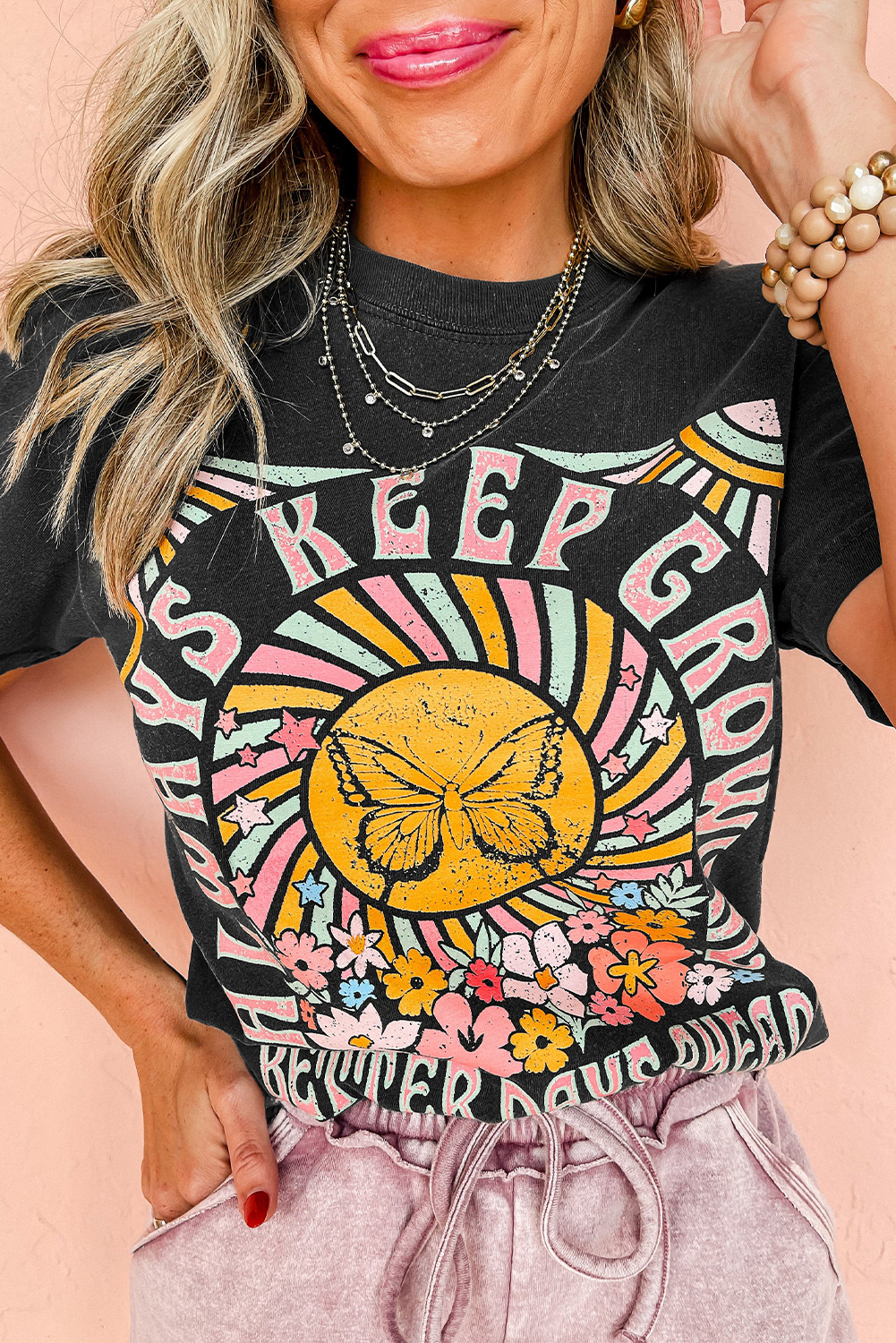 Shewin Wholesale Customized Black Always Keep Growing Butterfly FLOWER Graphic Tee