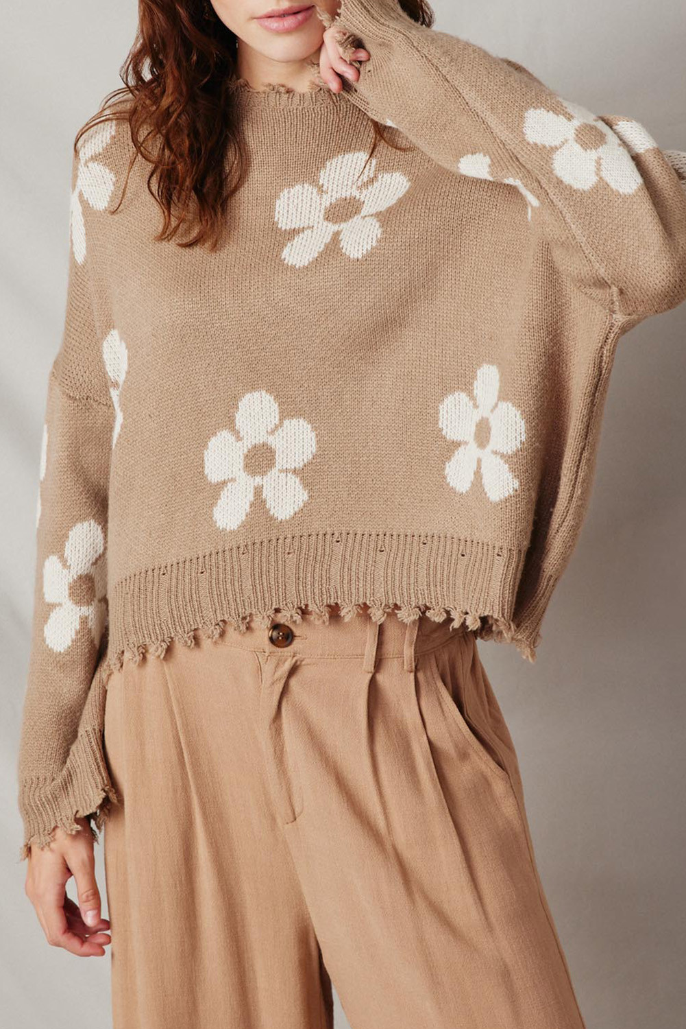 Smoke Gray Distressed Floral Patterned Pullover Sweater