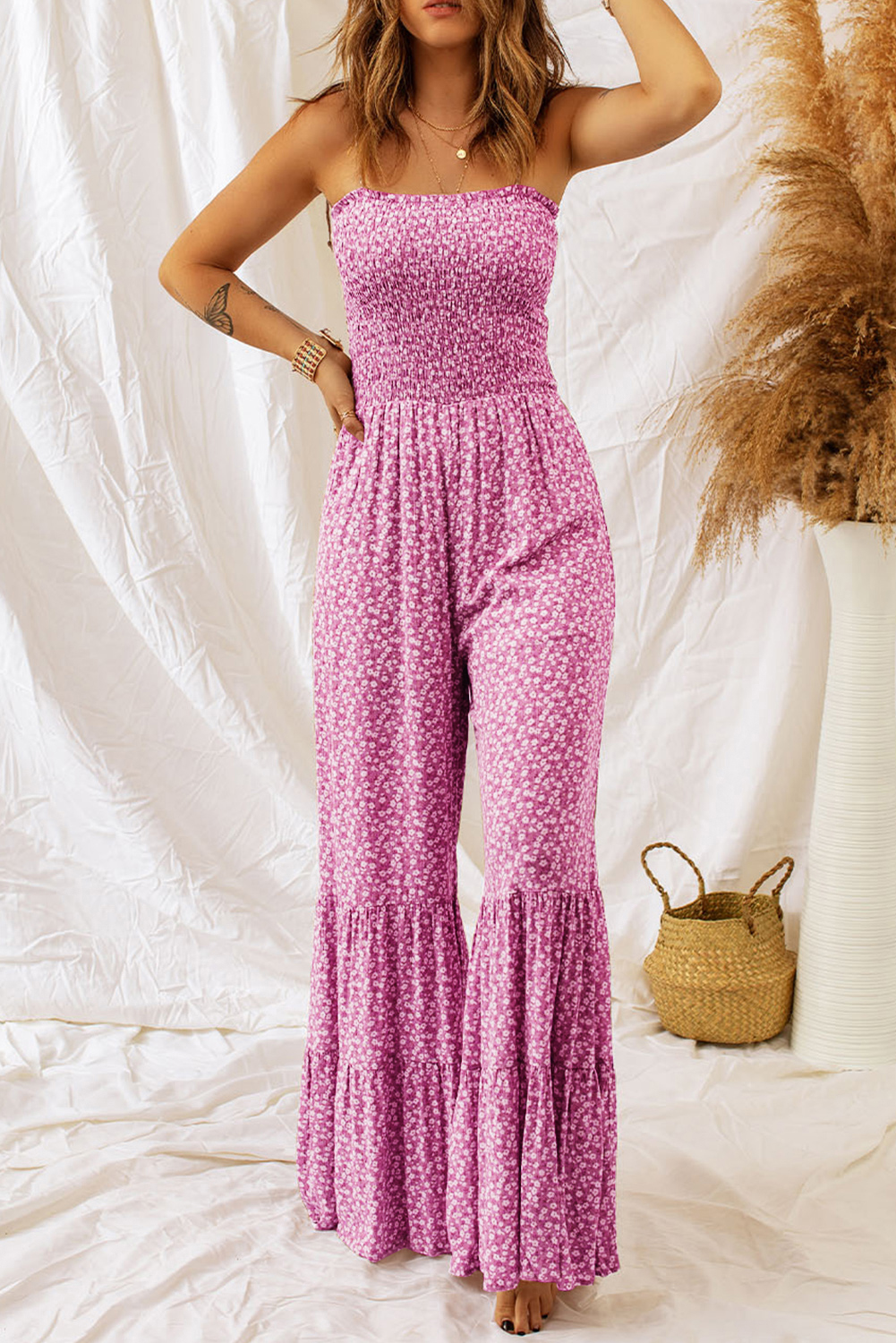 Shewin Wholesale Chic LADY Phalaenopsis Floral Thin Straps Smocked Bodice Wide Leg Jumpsuit