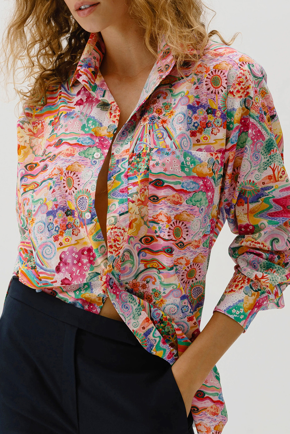 Pink Abstract Print Shift Long Sleeve Shirt