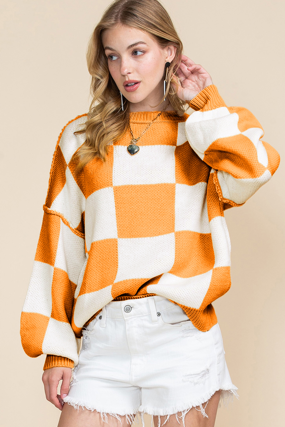 Shewin Dropshipping Orange & White Plaid Exposed Seam Bishop Sleeve Sweater