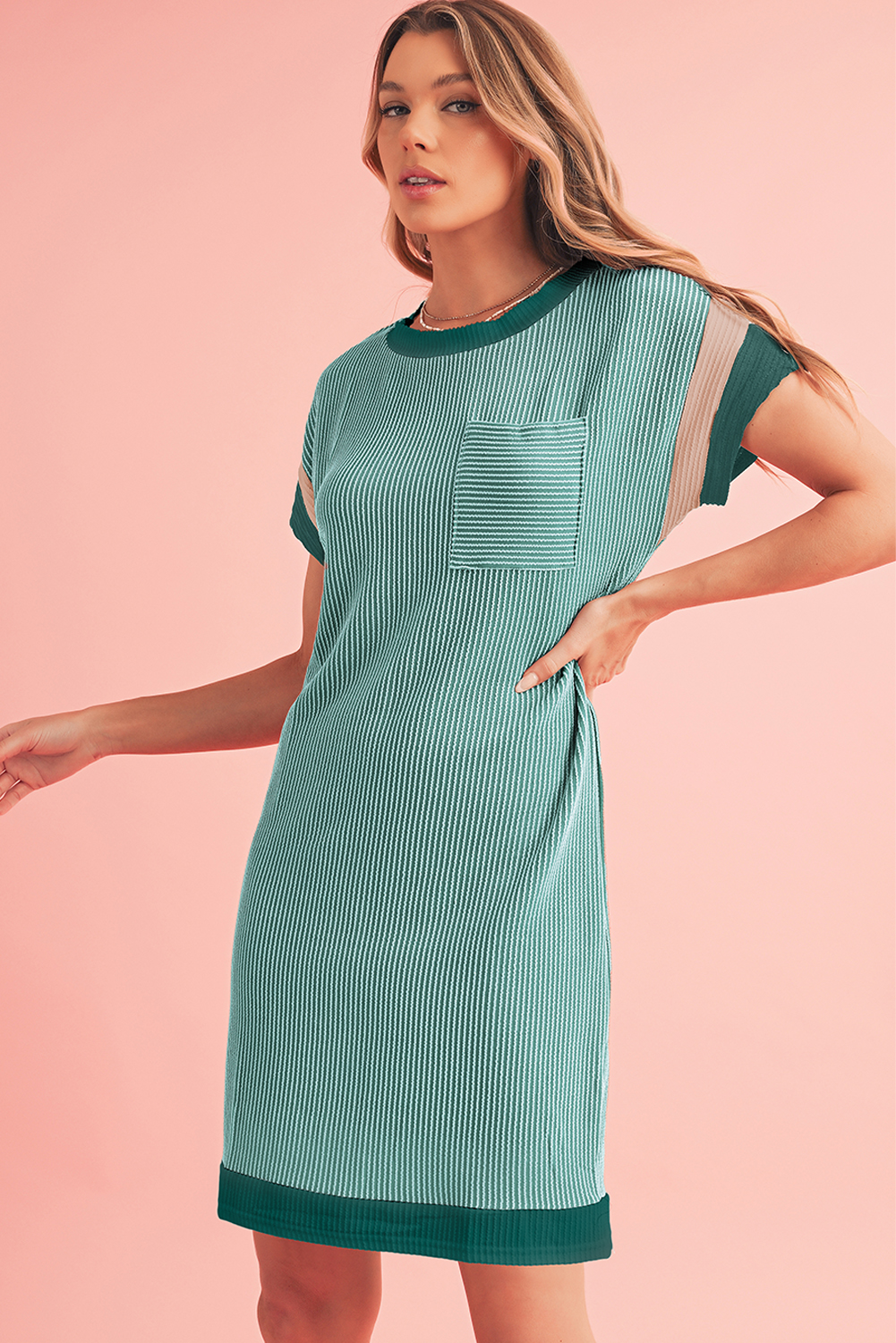 Shewin Wholesale Cheap Moonlight Jade Ribbed Colorblock Patched Pocket T SHIRT Dress