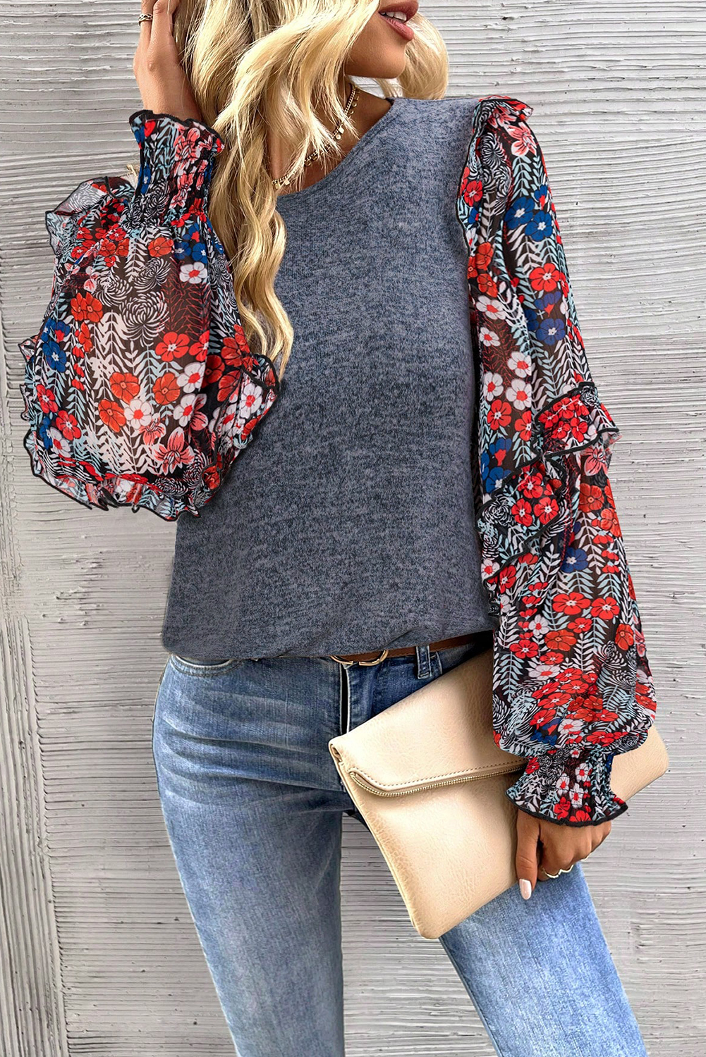 Shewin Wholesale CHIC Women Blue Floral Ruffle Sleeve Patchwork Top