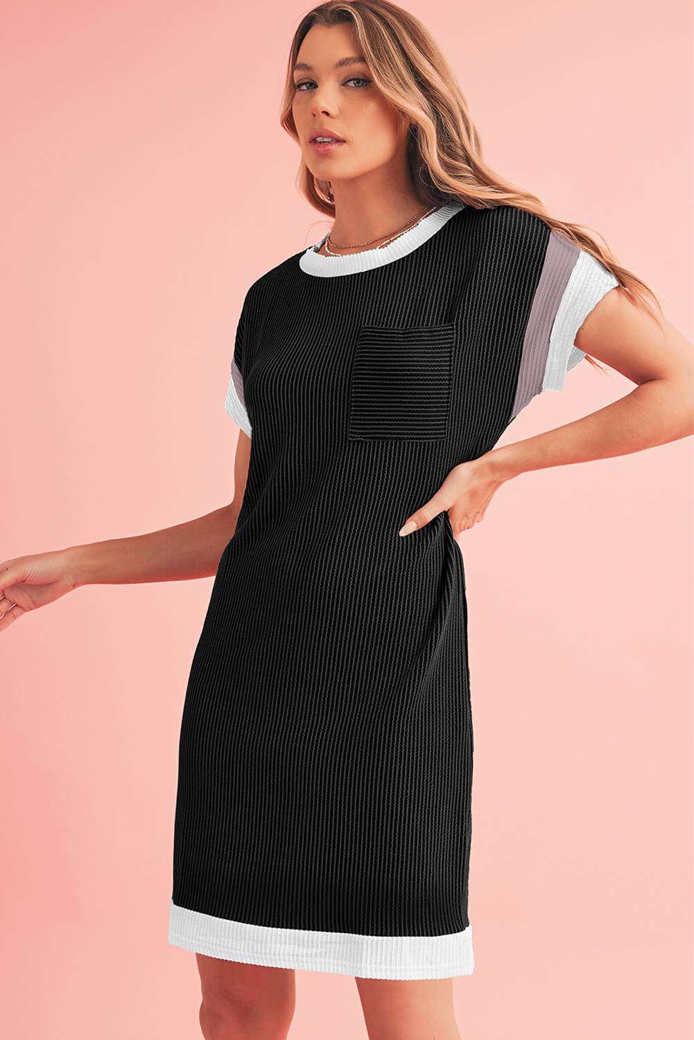 Shewin Wholesale CLOTHING Black Ribbed Colorblock Patched Pocket T Shirt Dress