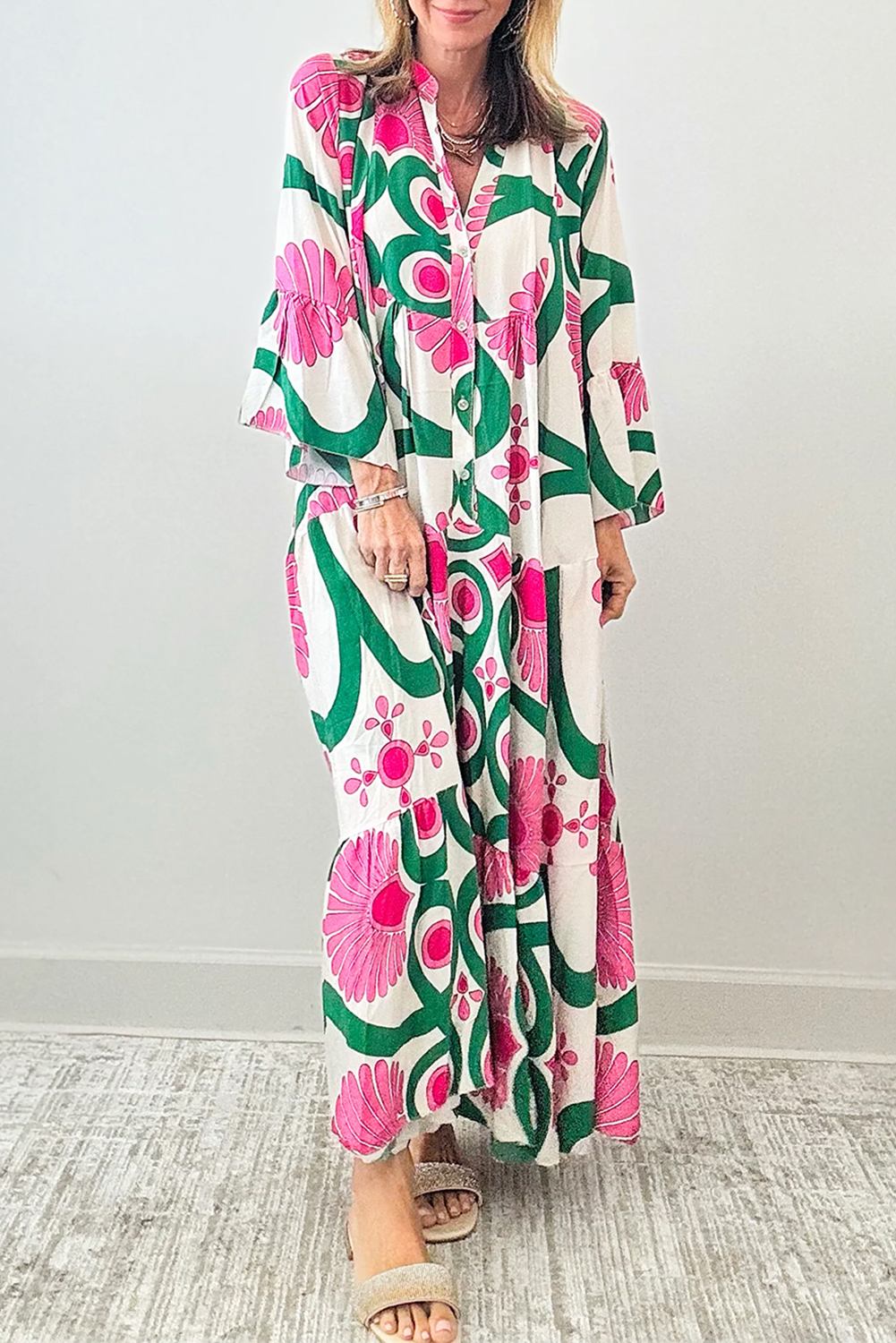 Shewin Dropshippers Pink Boho Abstract Button V Neck Oversized Maxi DRESS