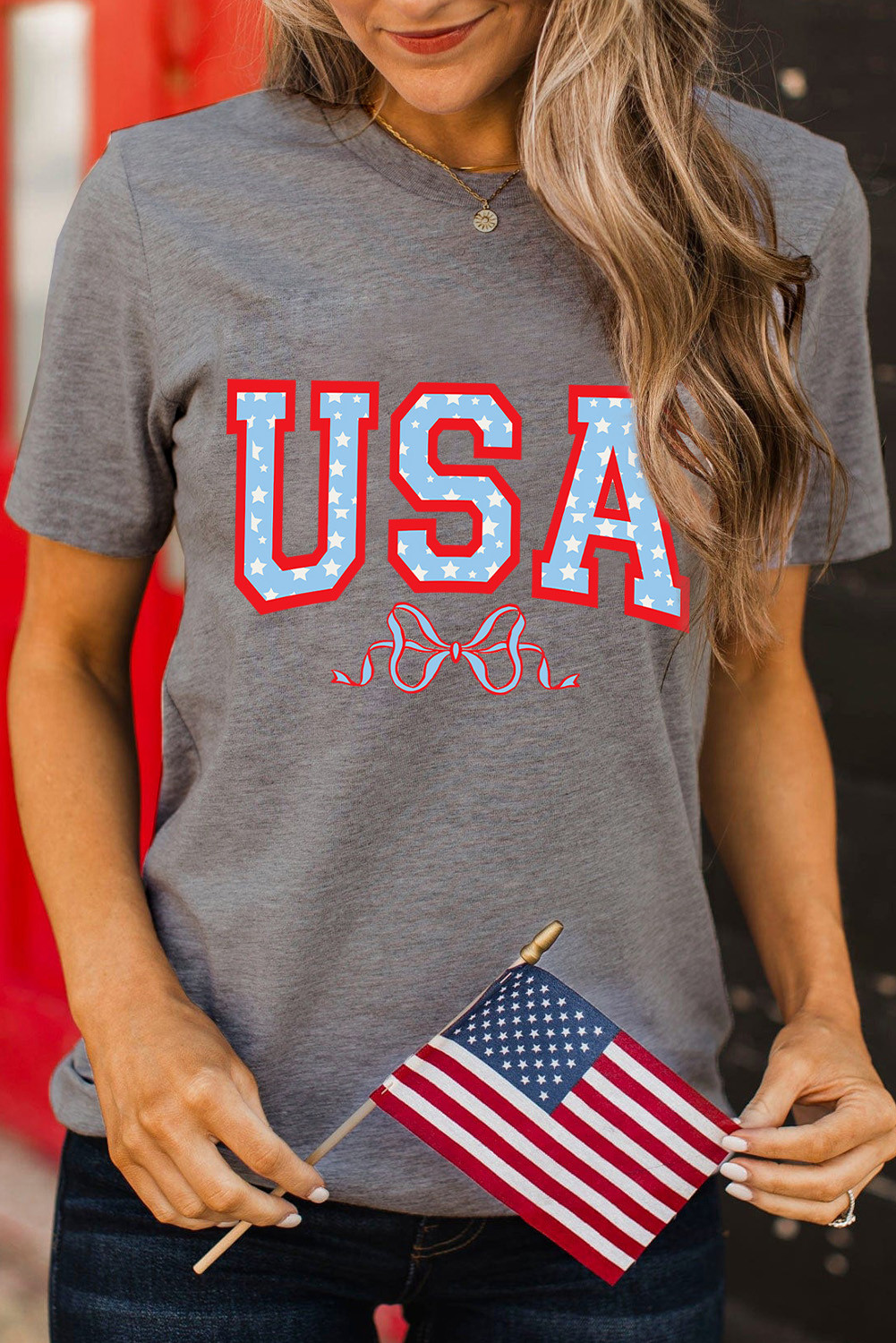 Gray USA Star Bow Knot Graphic Crew Neck T Shirt