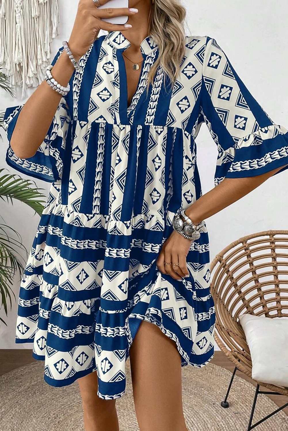 Shewin Wholesale Custom Logo Blue Abstract Print Bell Sleeve V Neck Boho Tiered DRESS