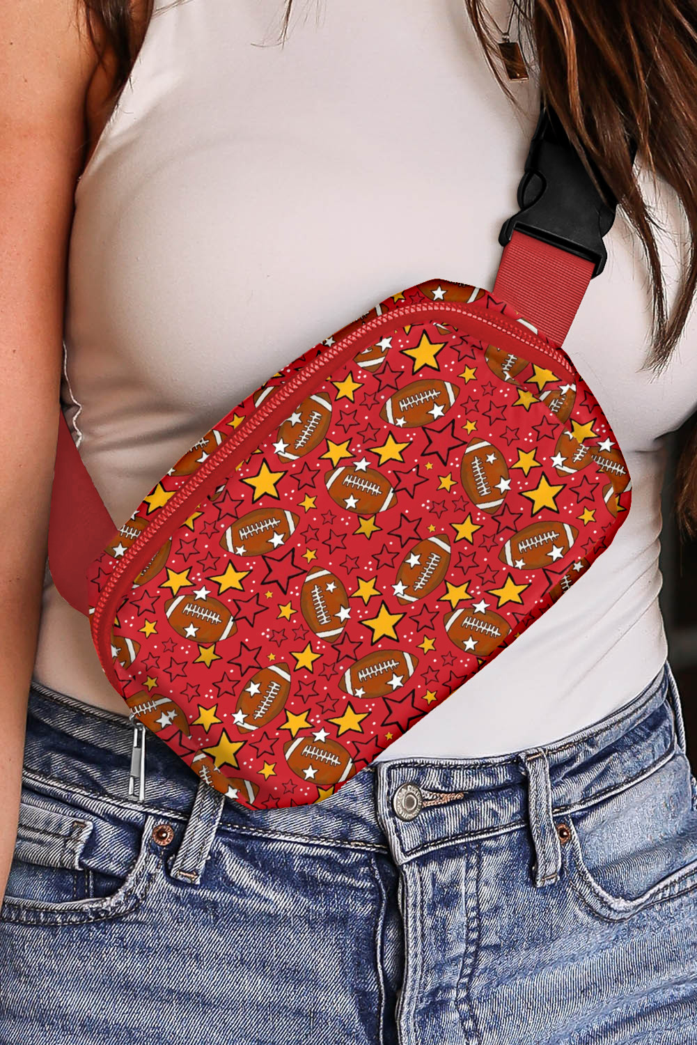 Fiery Red Rugby & Star Printed Buckle Strap Crossbody Bag